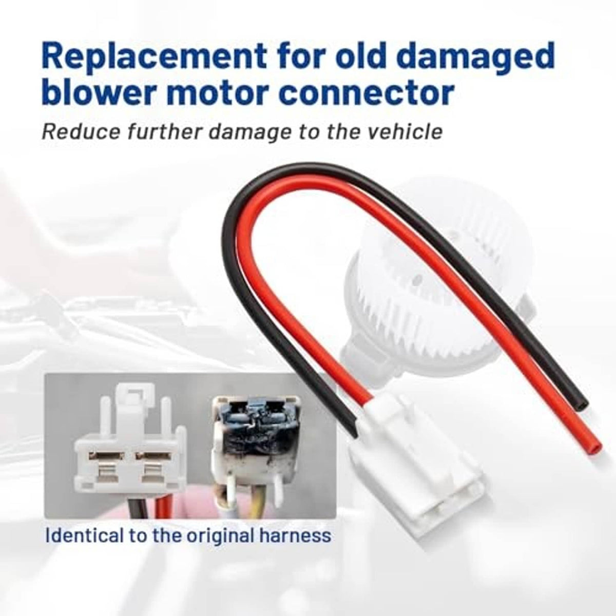 Blower motor connector harness with white plug and red/black wires for replacement