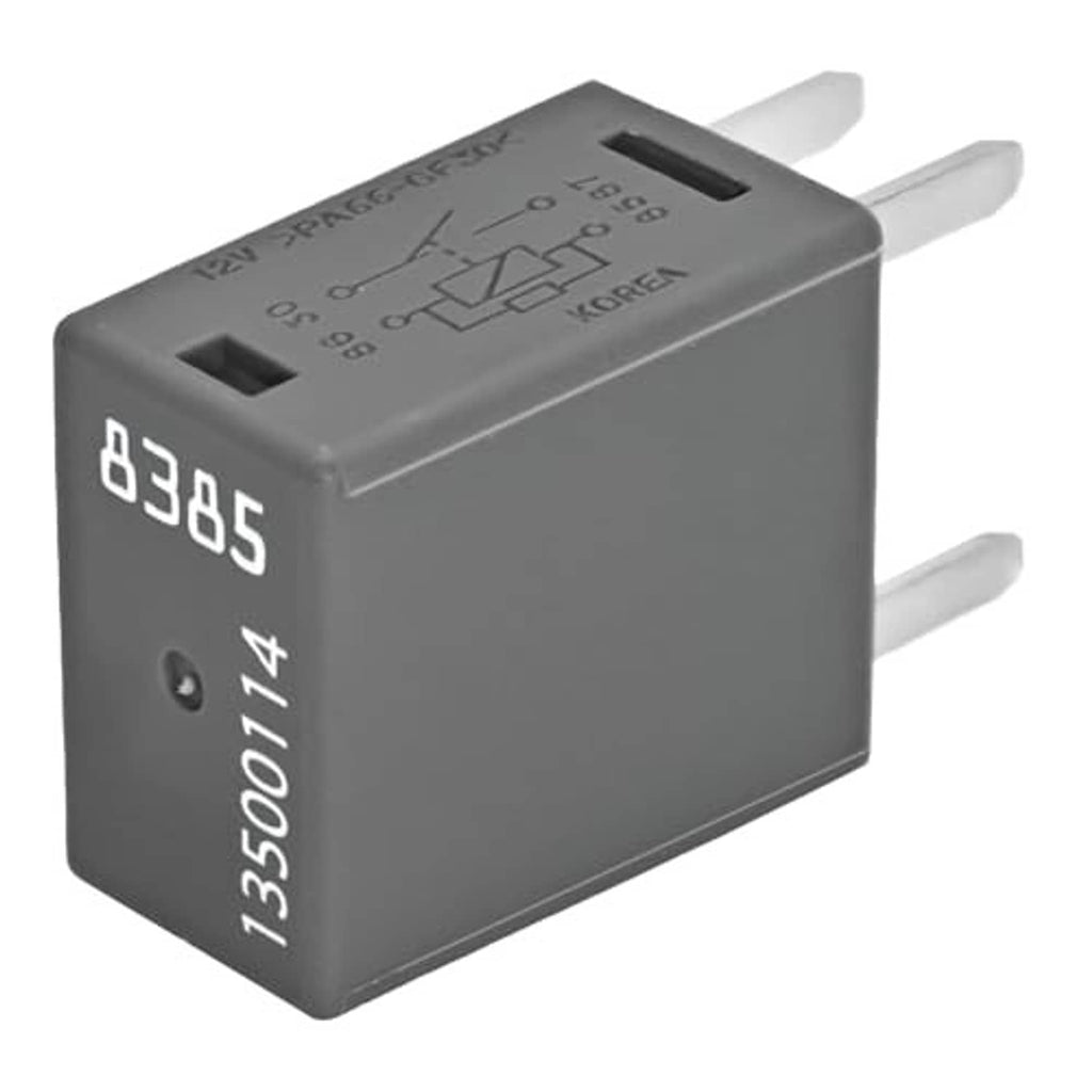4-pin fuse relay with 8385 marking, dark gray body and top slot with blade pins