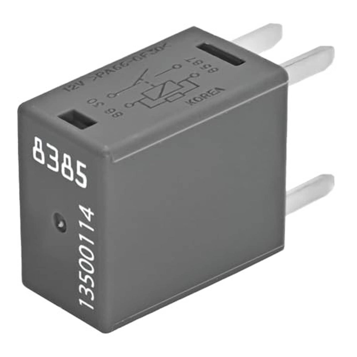 4-pin fuse relay with 8385 marking, dark gray body and top slot with blade pins