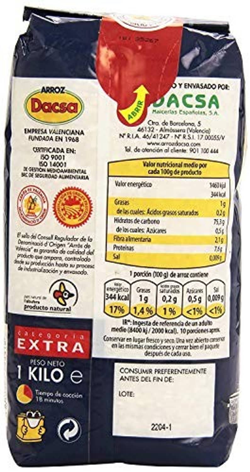 Valencia Dacsa extra rice bag back panel with nutrition and ingredients text