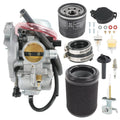 Carburetor assembly with air filter and mounting hardware, metal and black components.