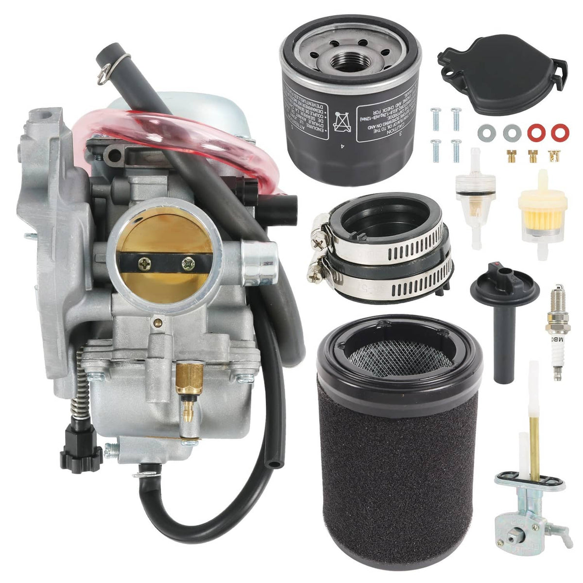 Carburetor assembly with air filter and mounting hardware, metal and black components.