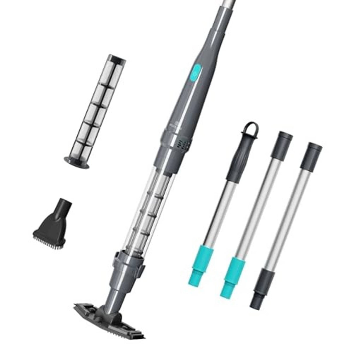Handheld pool vacuum with gray shaft and black nozzle plus three extension tubes