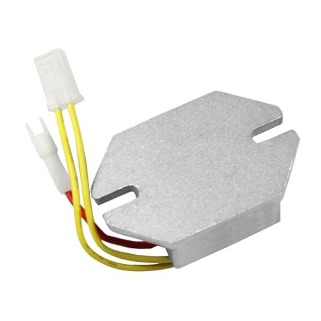 Voltage regulator module with gray metal housing and yellow/red wire connectors