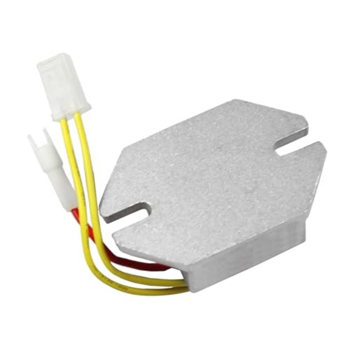 Voltage regulator module with gray metal housing and yellow/red wire connectors