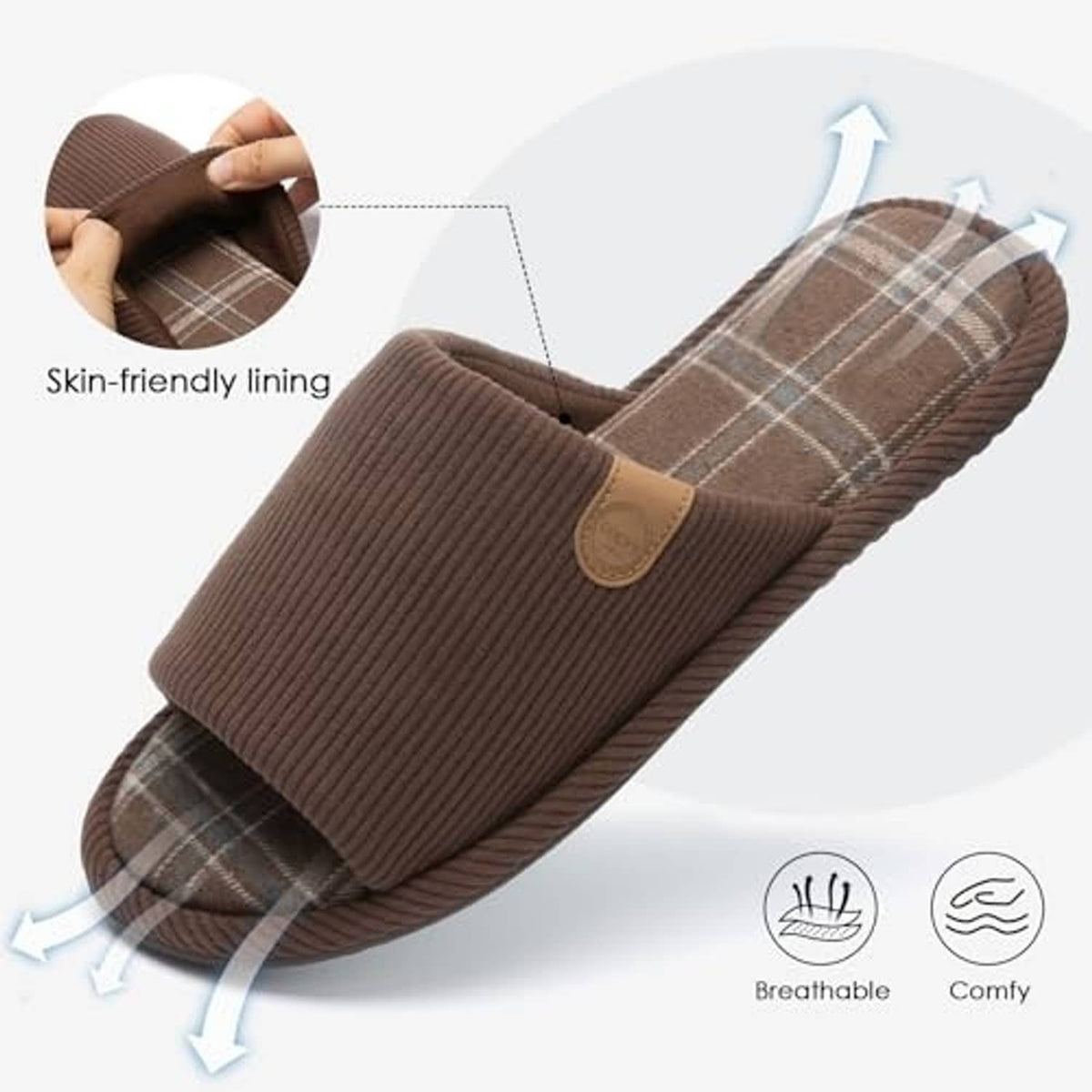 Brown corduroy slip-on slipper with plaid lining and small logo patch on upper