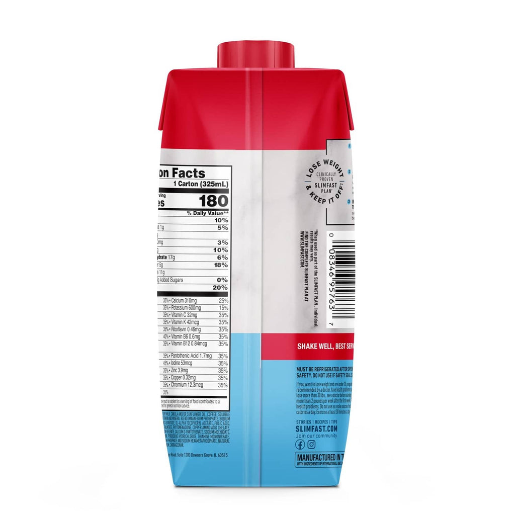 SlimFast original cappuccino meal replacement shake carton back panel with nutrition facts