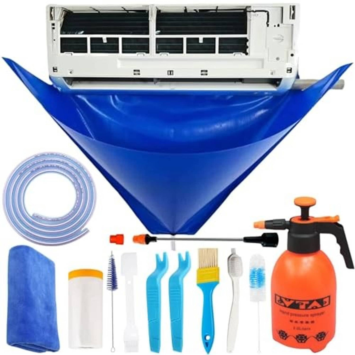 Blue mini-split cleaning funnel bag with 2L sprayer and brush set