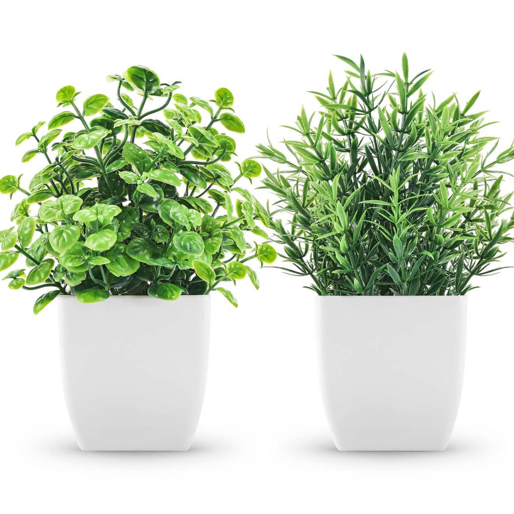 ZJIA 2-pack artificial plants: small green plants in white square pots.