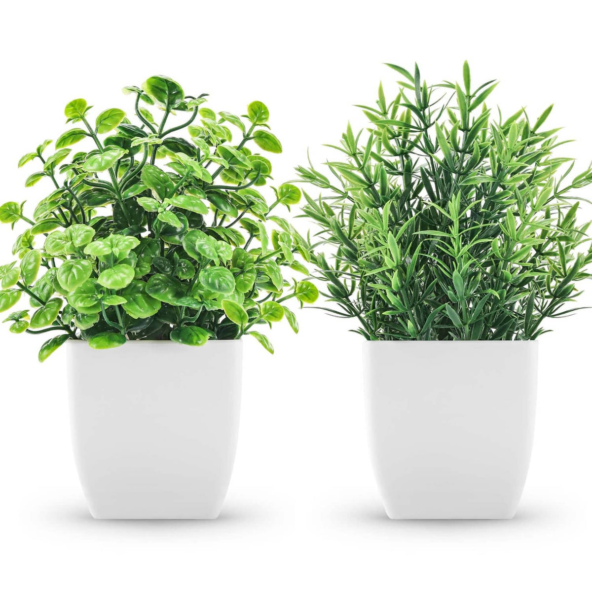ZJIA 2-pack artificial plants: small green plants in white square pots.