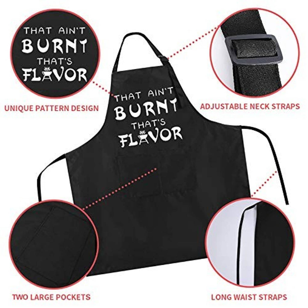 Black BBQ chef apron with adjustable neck straps, two large pockets, slogan print.