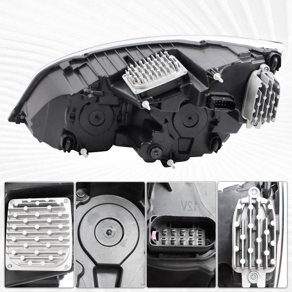 Black LED headlight housing with internal components and wiring connector detail.