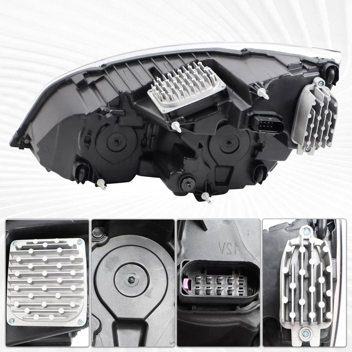 Black LED headlight housing with internal components and wiring connector detail.