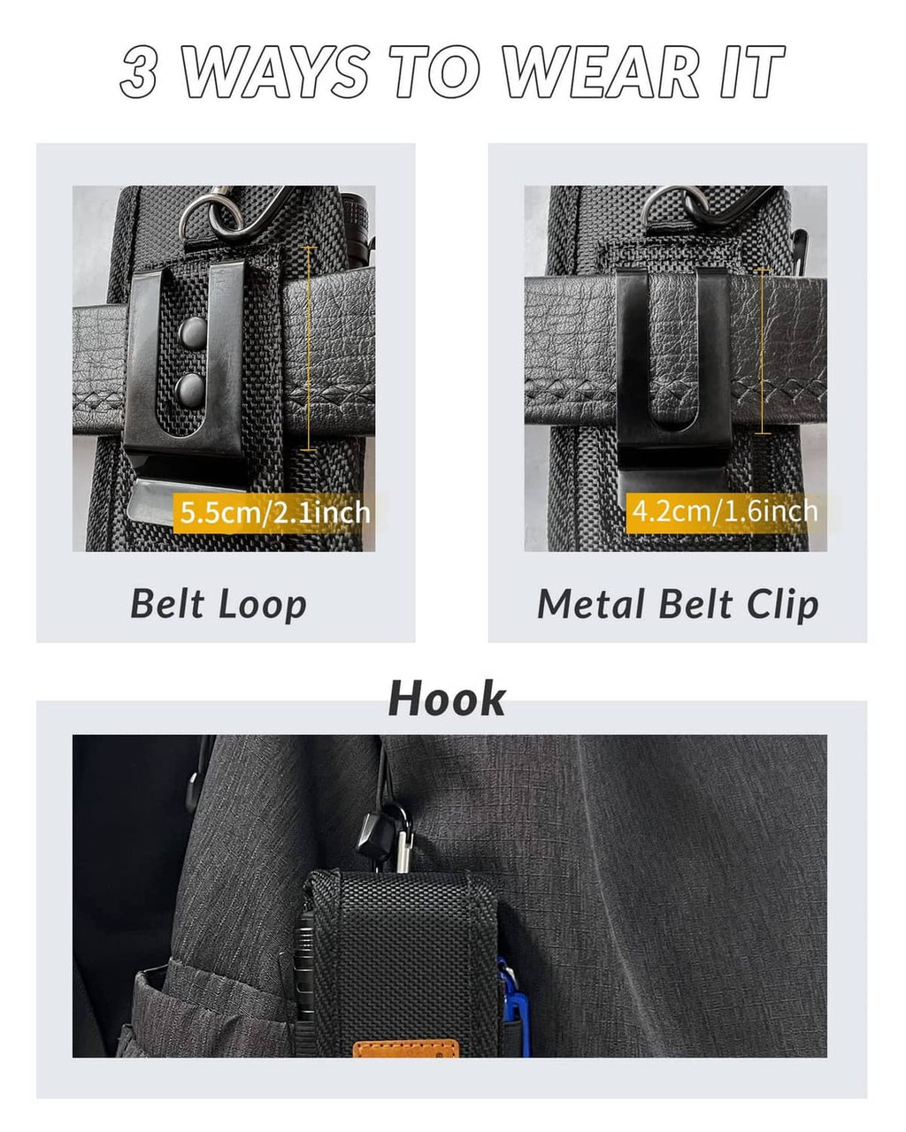 Black multitool sheath with belt loop, metal belt clip, and hook attachment