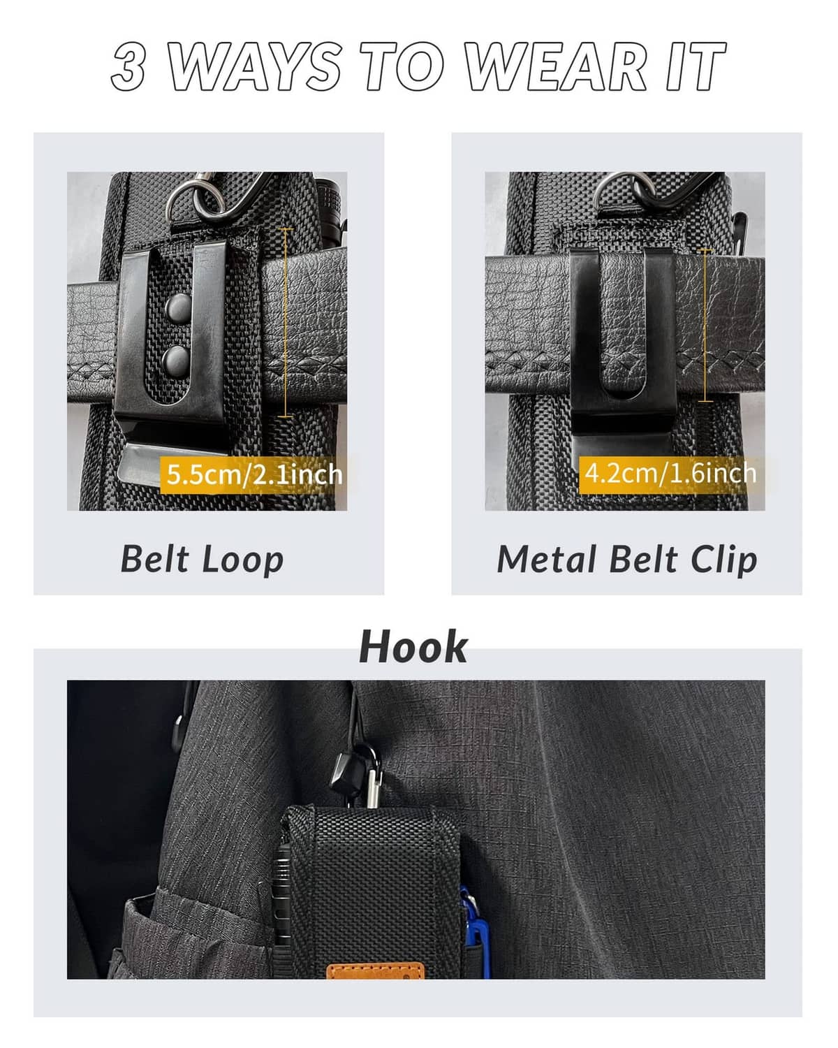 Black multitool sheath with belt loop, metal belt clip, and hook attachment