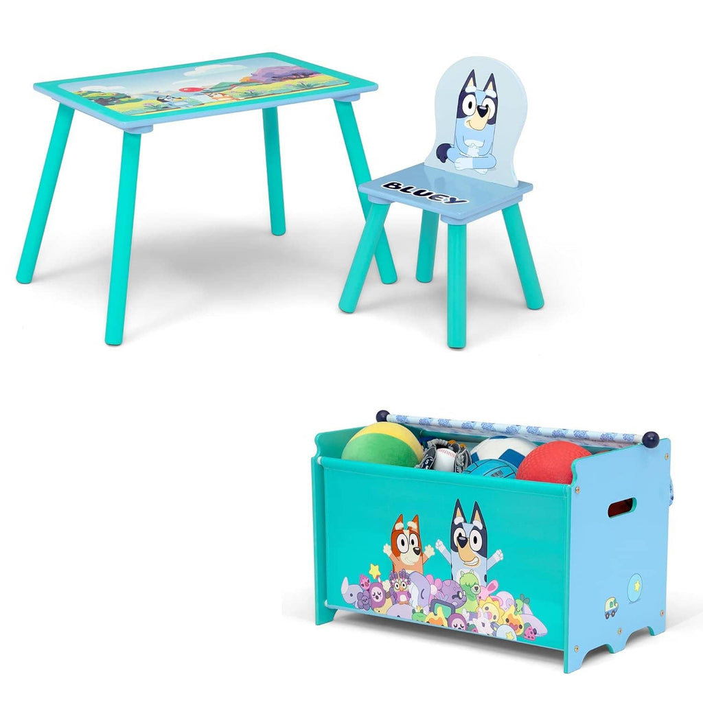 Bluey kids play table and chair set with teal toy box, character graphics and artwork