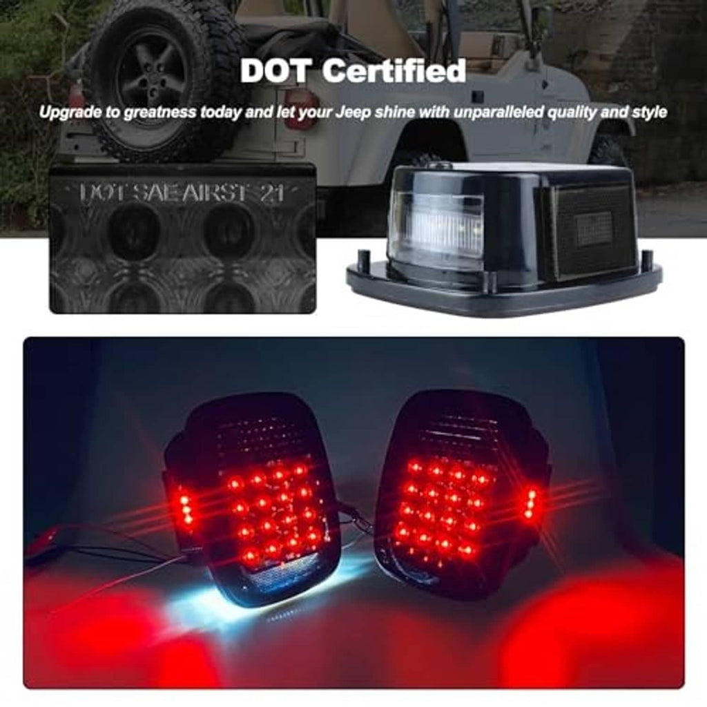 Pair of smoked rear tail lights with red LED illumination in vehicle view.