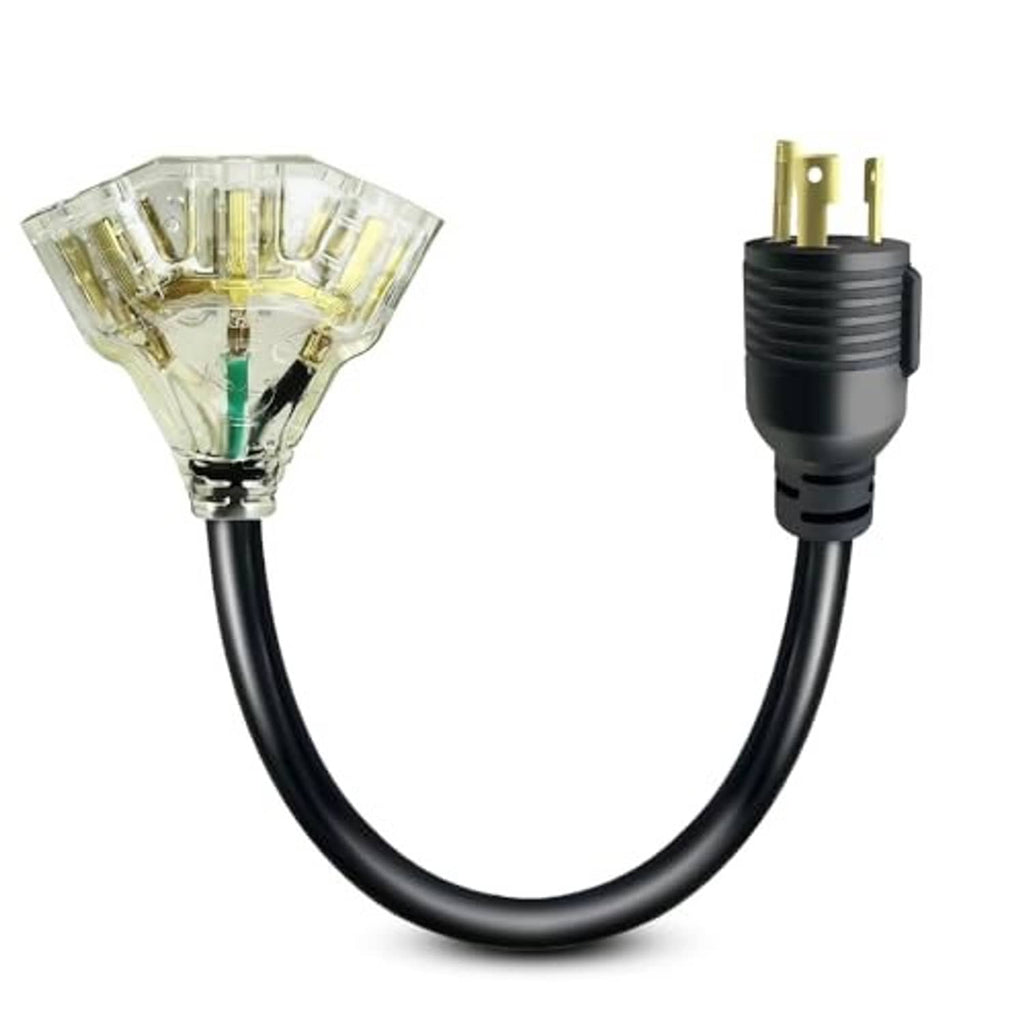 EV power adapter cord with clear plug and two-prong gold plug on black cable