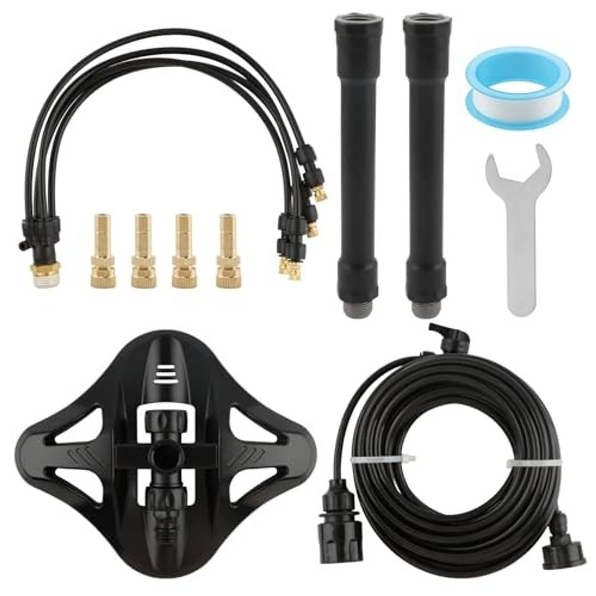 Misting system parts kit with black pole, hose coil, connectors, nozzles, base tool