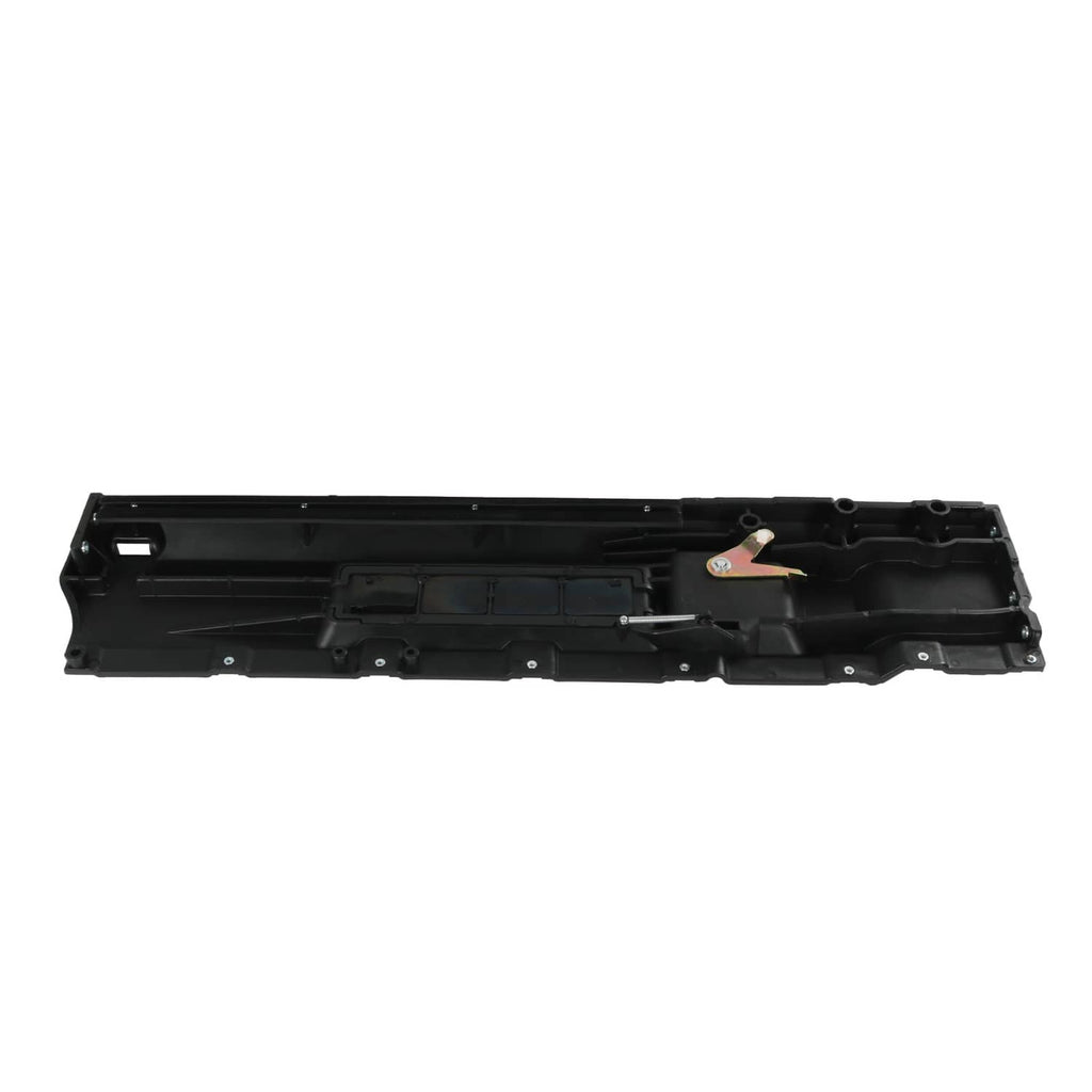 Long black interior door handle housing with internal channels and mounting holes