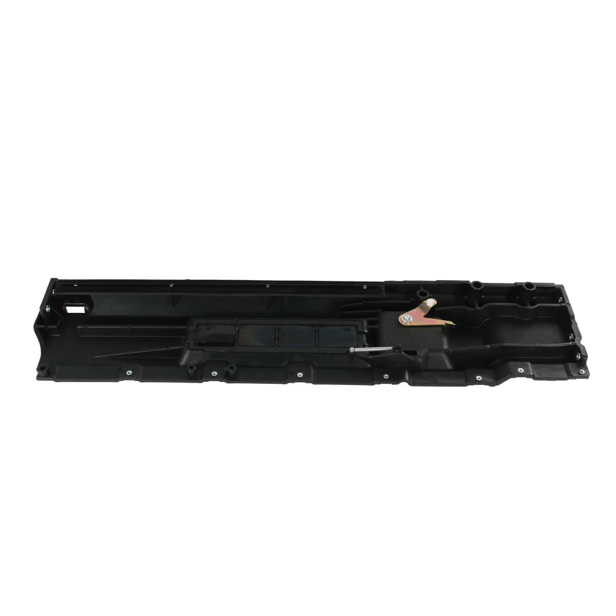 Long black interior door handle housing with internal channels and mounting holes