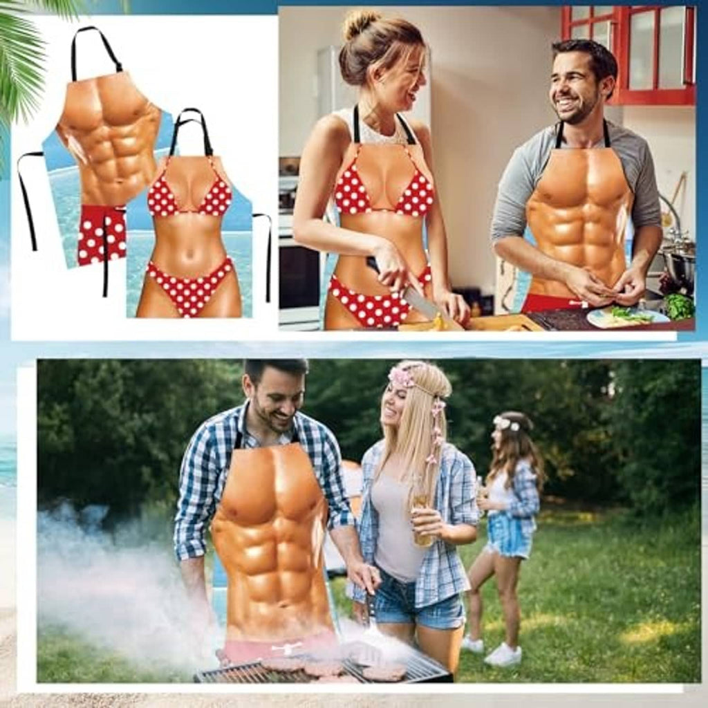 Two people wearing red polka-dot cooking aprons with black straps while grilling