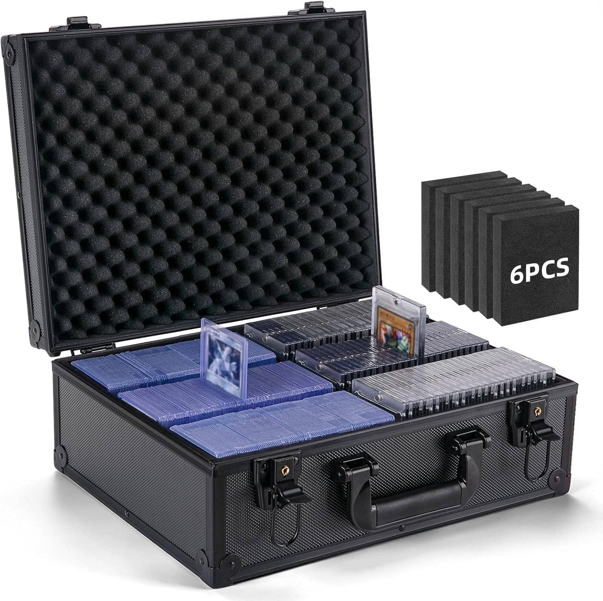 Black trading card storage box with foam insert, open lid, latch handles, and 6PCS blocks