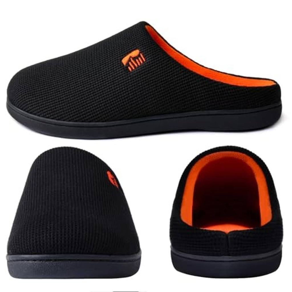 Black slip-on slippers with orange trim, cushioned sole, and small logo detail