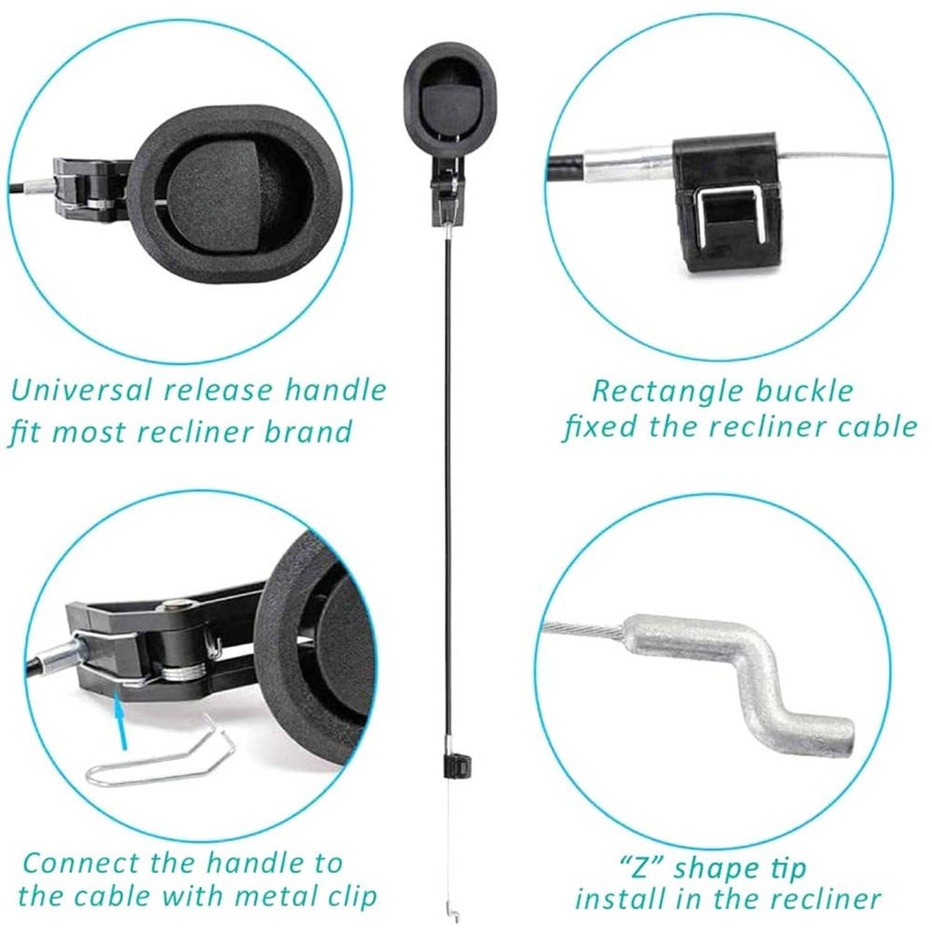 Black recliner release pull handle with metal rod and circular grip