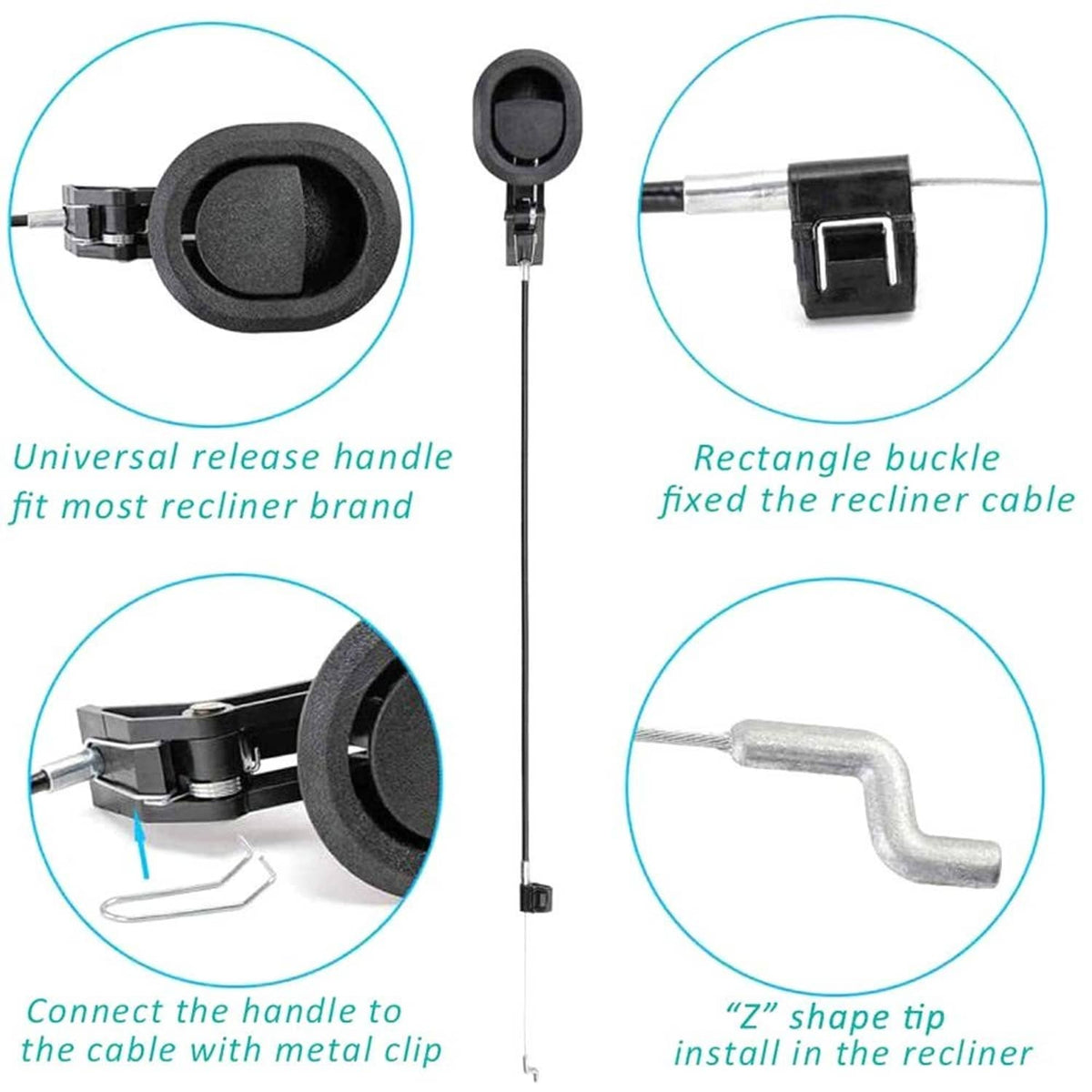 Black recliner release pull handle with metal rod and circular grip