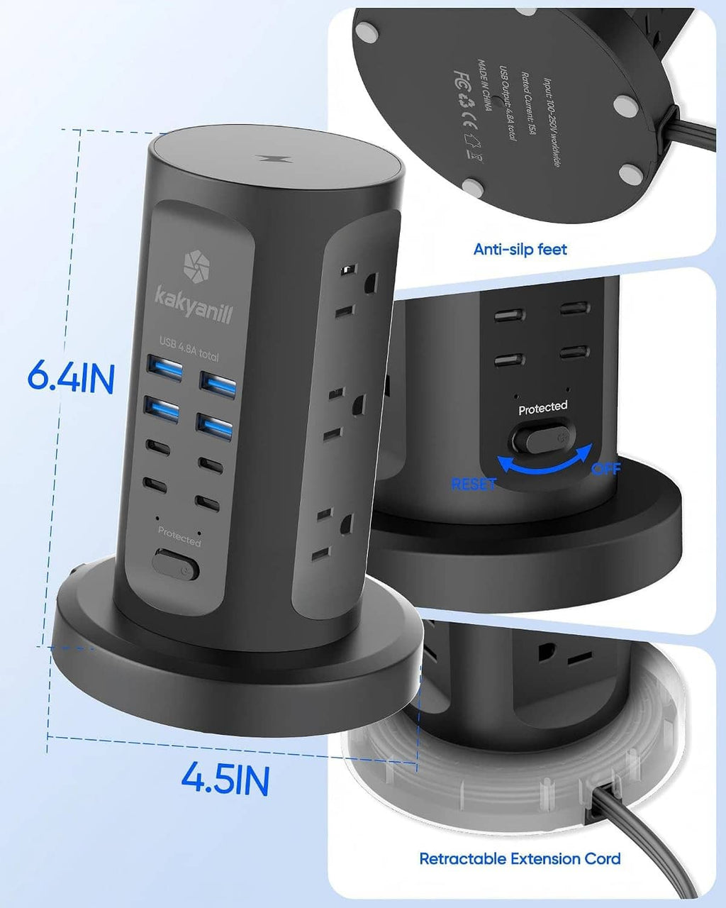 Compact power strip tower close-up with anti-slip feet and retractable cord