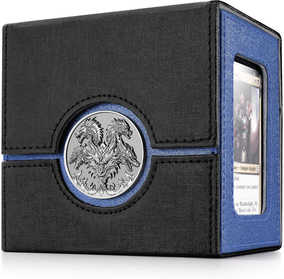 Black deck box with circular metal dragon emblem and blue card display window