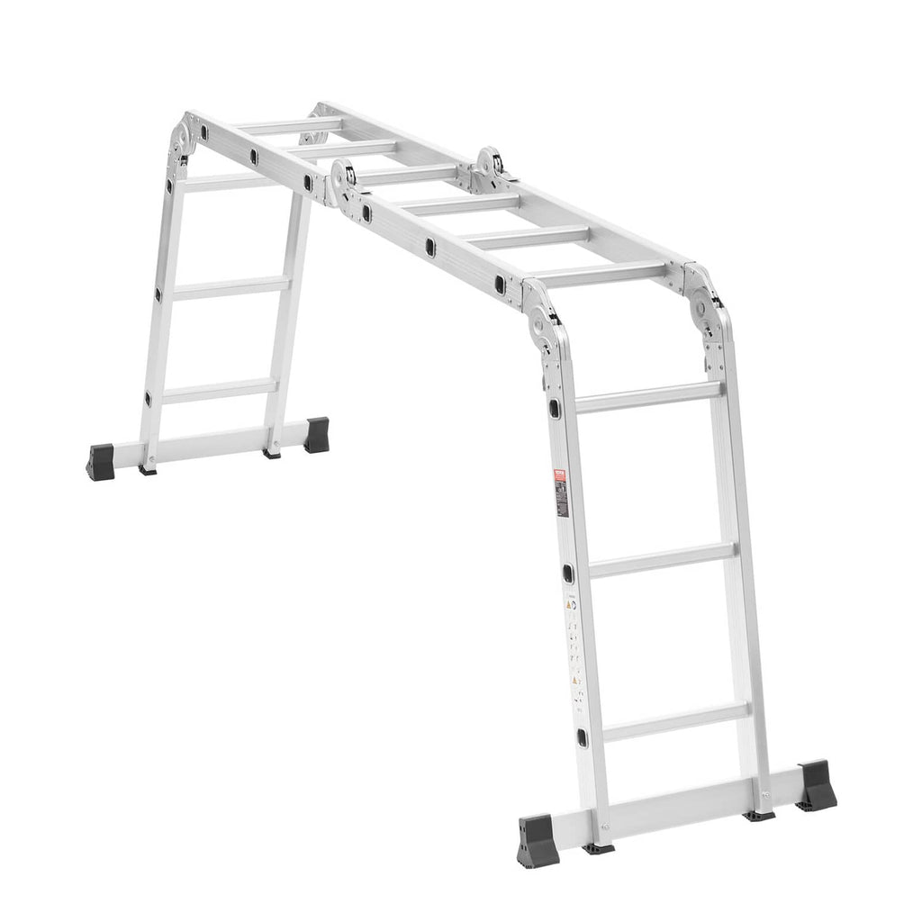 Three-step folding ladder in an extended A-frame position with stabilizer feet