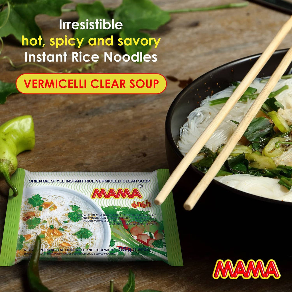 MAMA vermicelli clear soup instant rice noodle pouch with bowl of soup