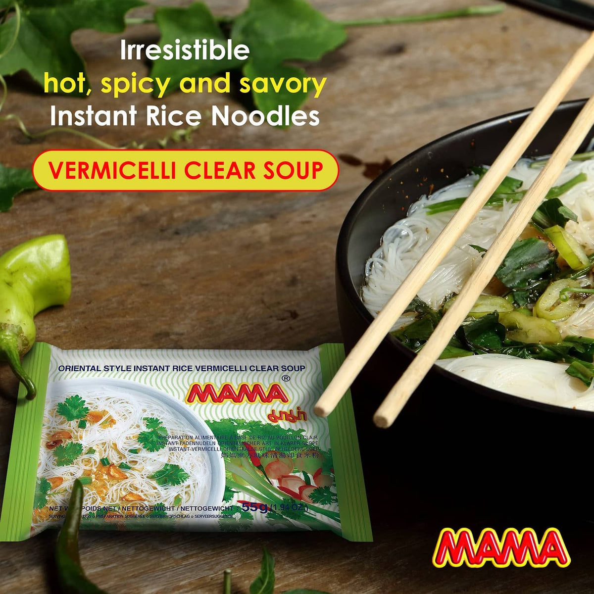 MAMA vermicelli clear soup instant rice noodle pouch with bowl of soup