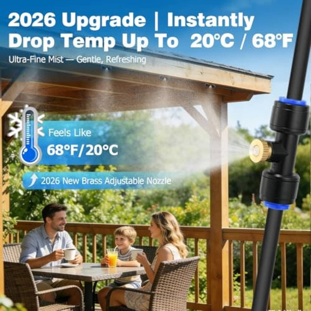 Outdoor misting nozzle spraying fine cooling mist from a brass adjustable tip on patio