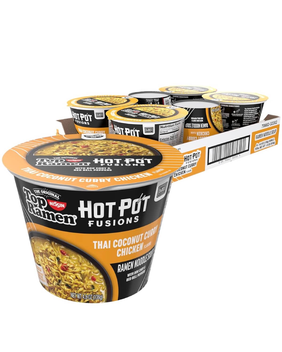 Hot Pot Fusions ramen cup pack, Thai coconut curry chicken flavor, multiple black cups