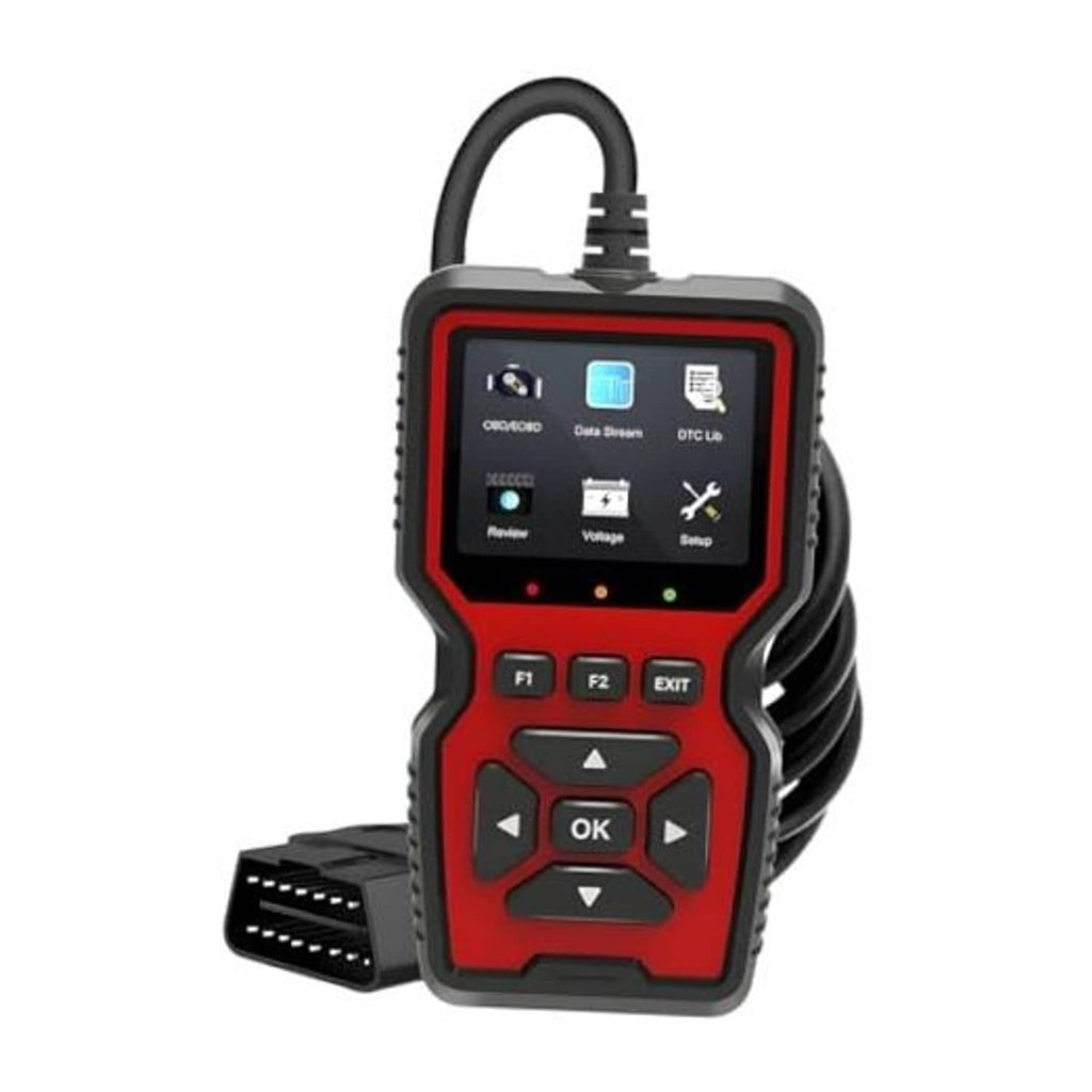Red and black OBD2 code scanner with screen, keypad buttons, and OBD cable.