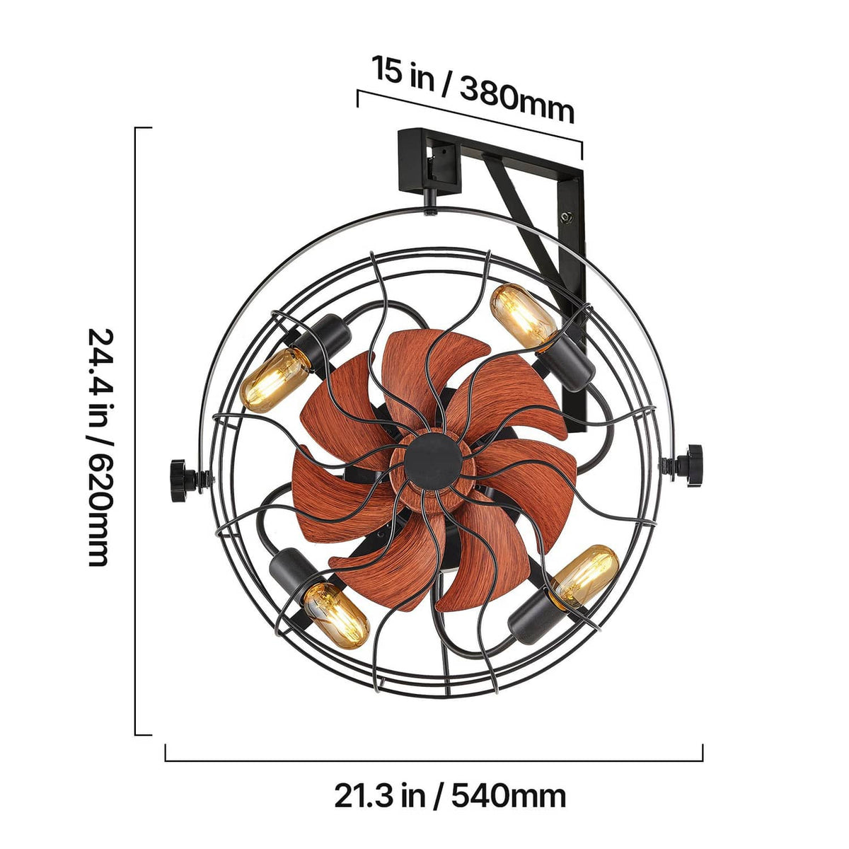 Wall-mounted fan with orange wood-look blades, black wire guard, and 4 lit bulbs