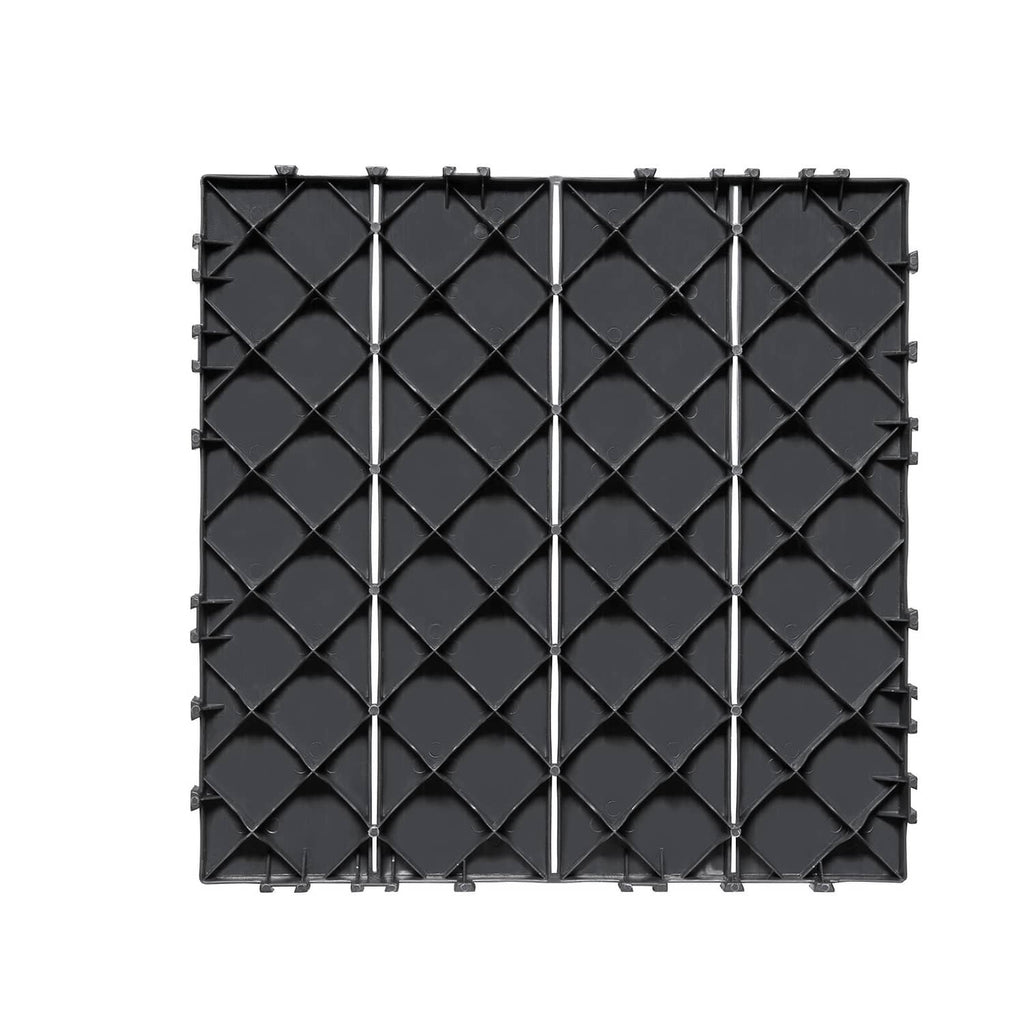 Dark grey interlocking deck tile panel with diamond grid top and raised corner pegs