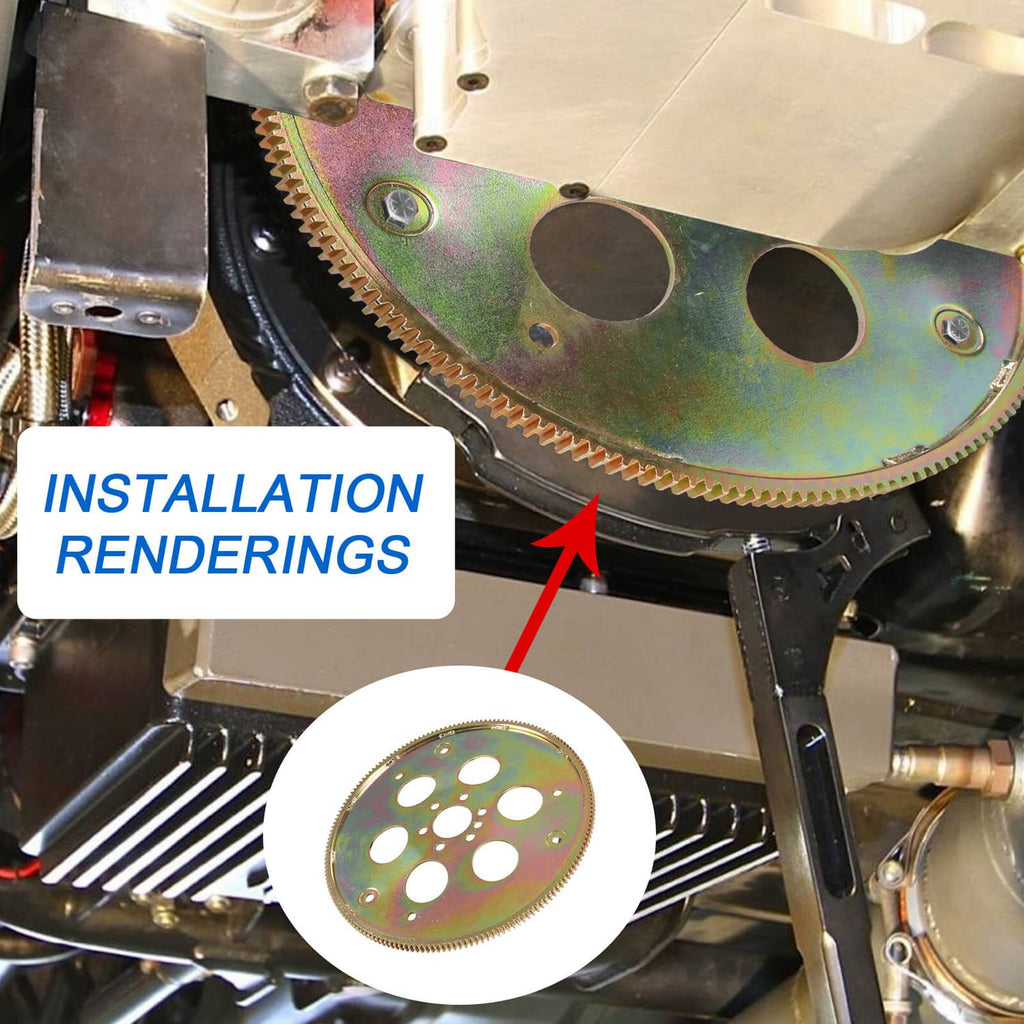 Rainbow-finish ring gear installed on transmission bellhousing area, side view