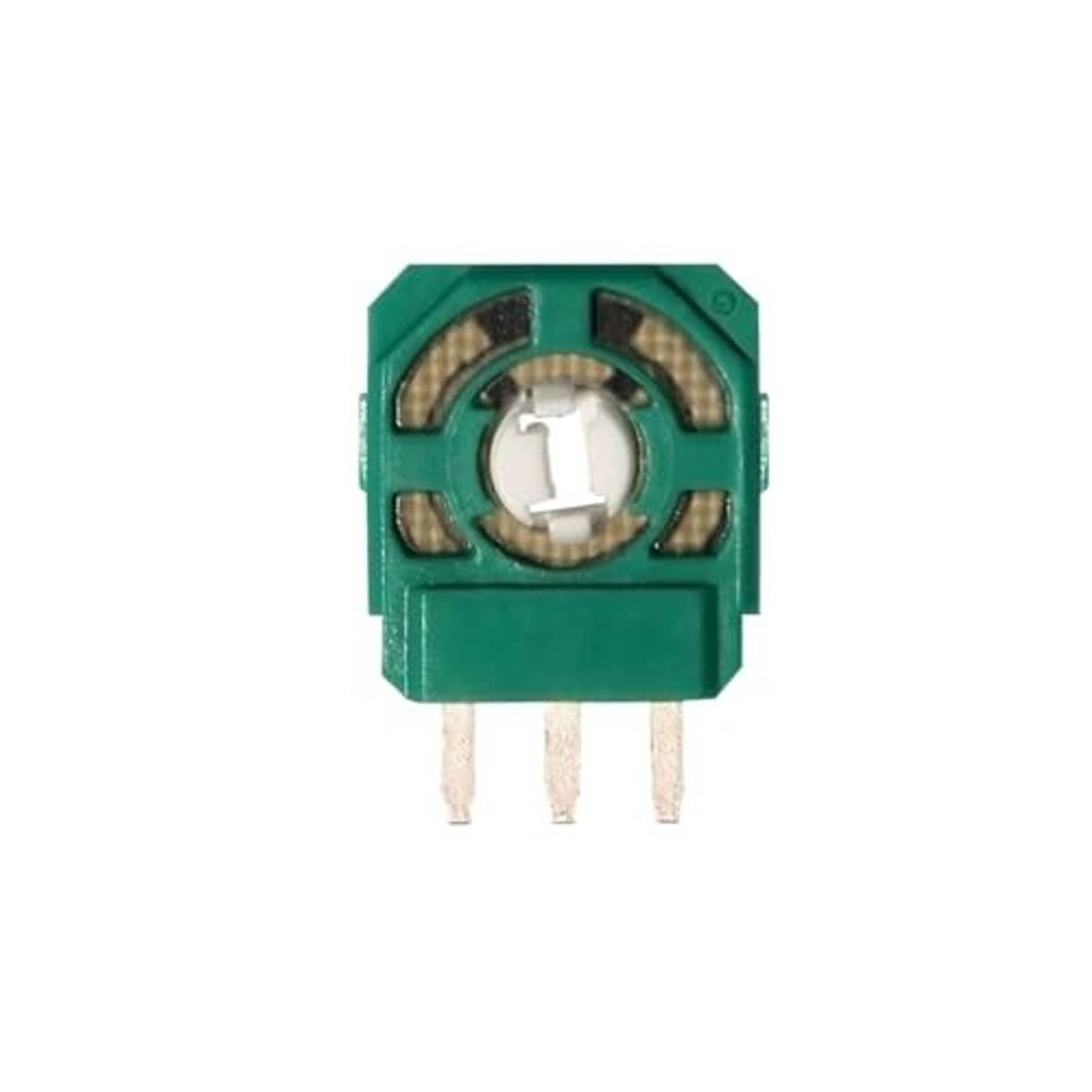 Green 2K3 ohm potentiometer module rear view with circular metal adjustment ring