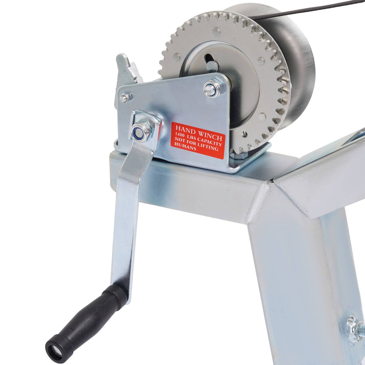 Winch roller mount with hand winch drum, toothed gear, and black handle