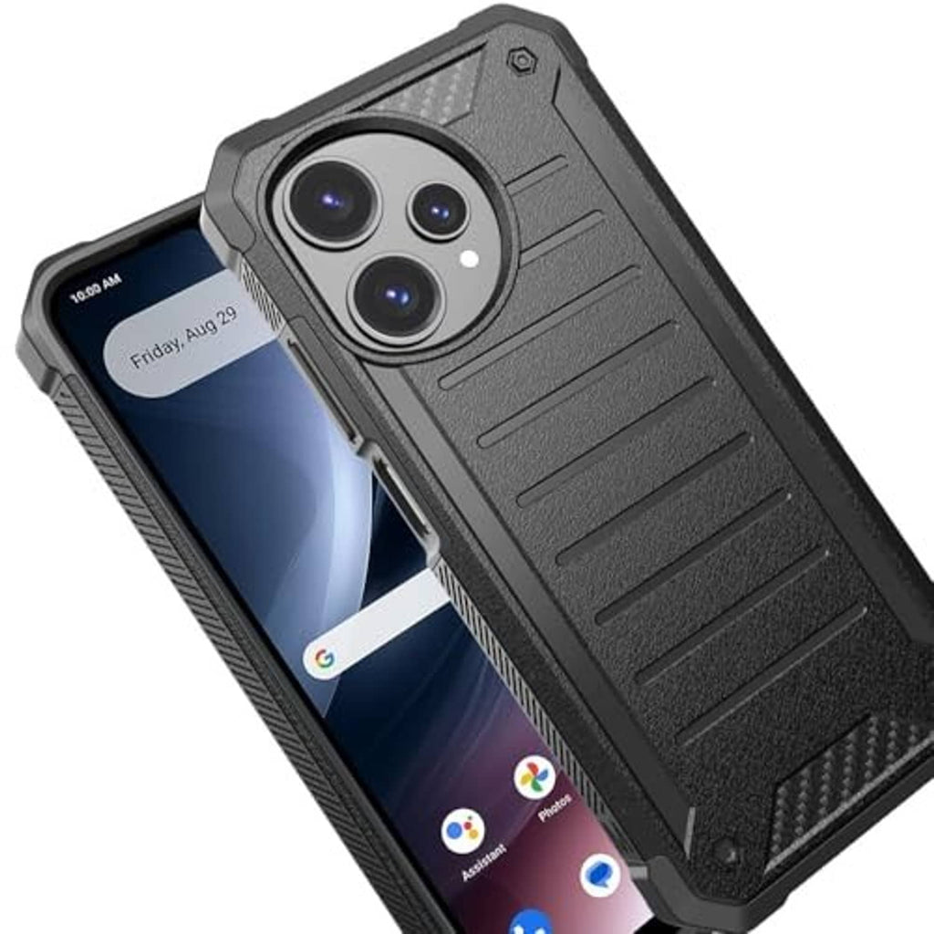 Black textured rugged phone case with raised camera bezel and side grip for hold.