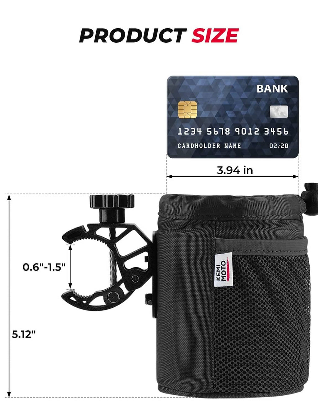 Black oxford fabric cup holder with mounting bracket and clamp, size details