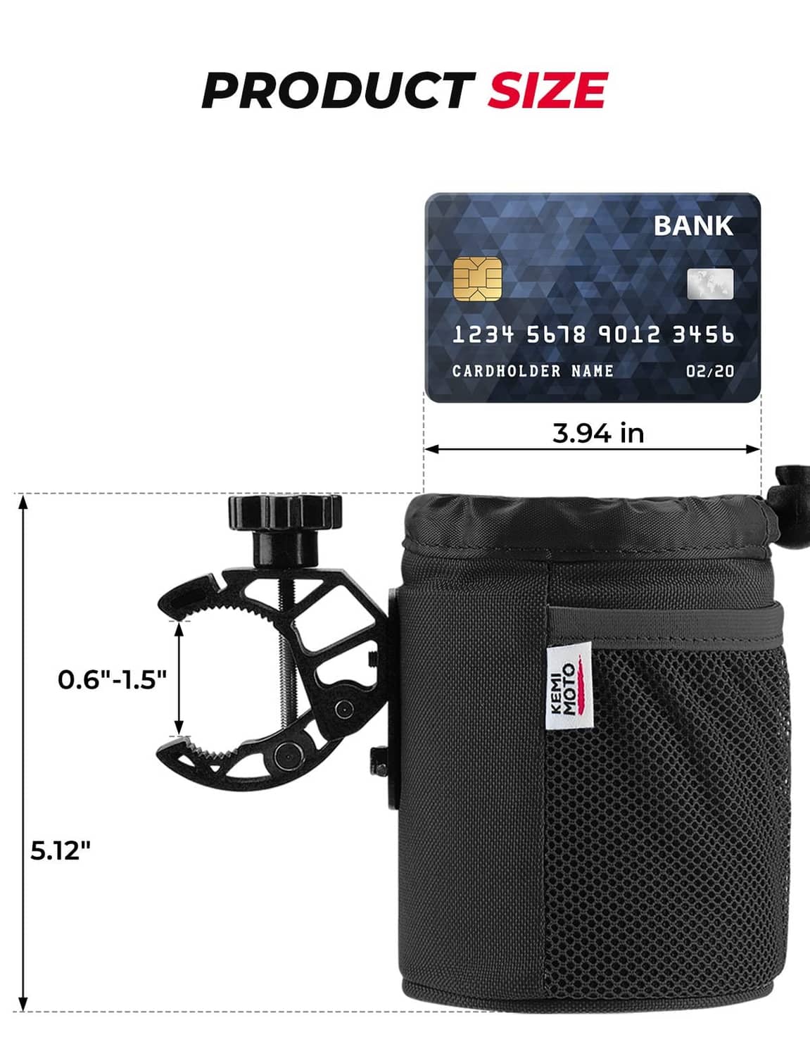 Black oxford fabric cup holder with mounting bracket and clamp, size details