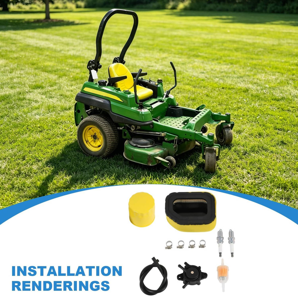 Lawn mower with air filter kit parts displayed: foam filter, black housing, hose, fuel line, plugs