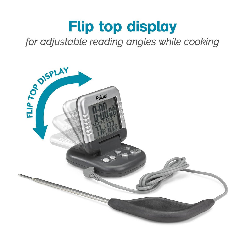Polder digital meat thermometer with flip-top screen and probe for adjustable viewing angles
