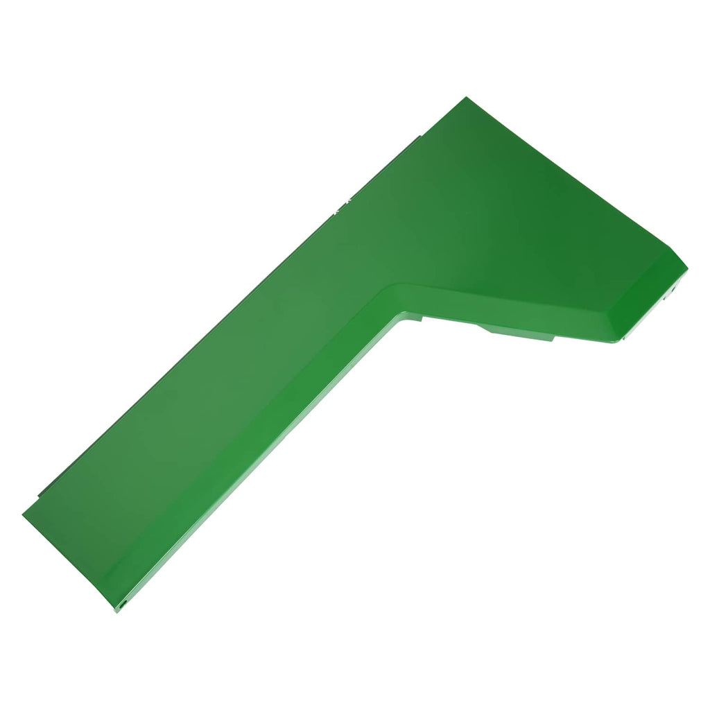 Right-hand steel hood side panel, green, angled L-shape with tapered end