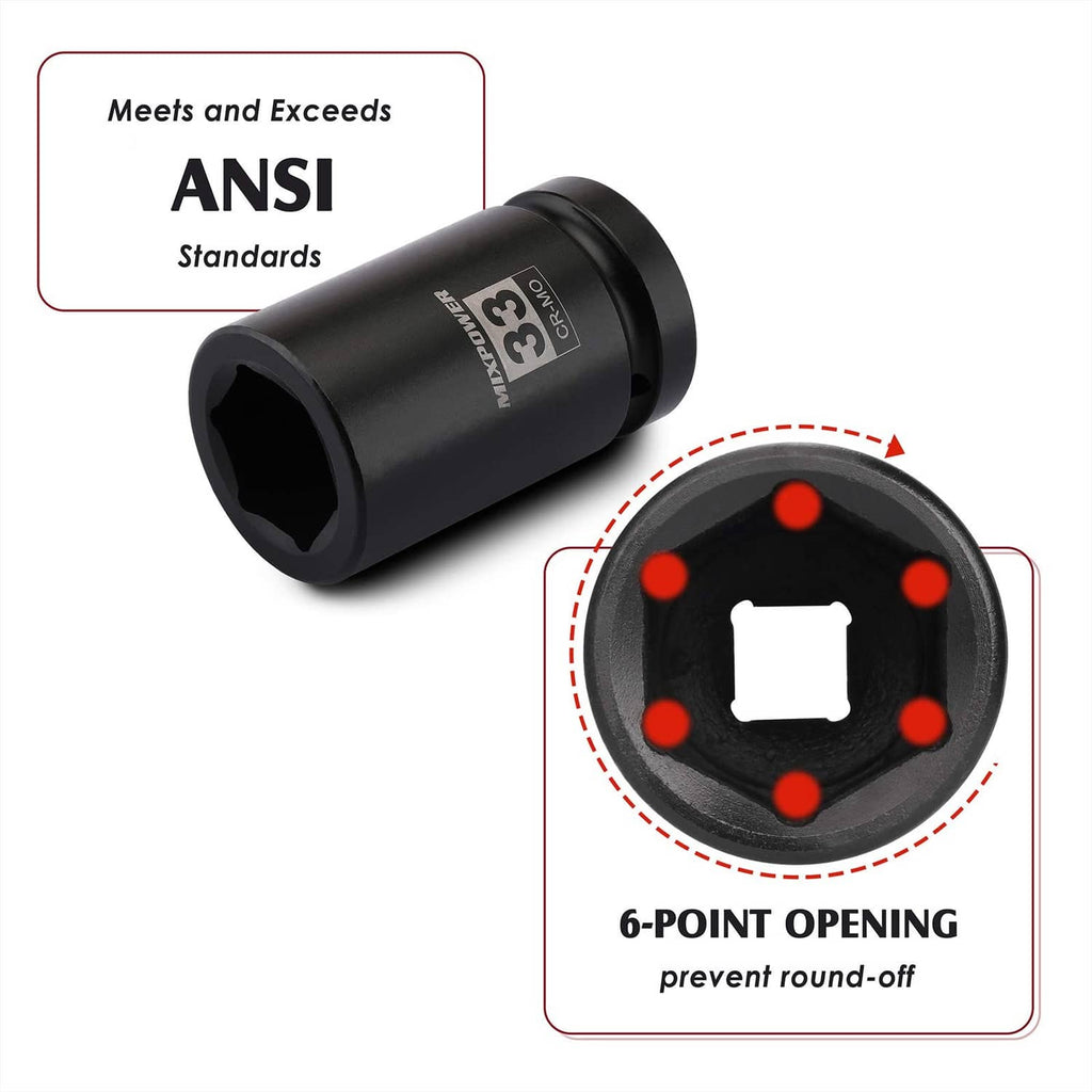 Black 33mm CR-MO deep impact socket with 6-point opening